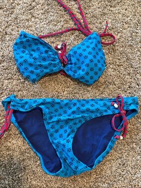 Old Navy Blue Paw-Print Two-Piece Bikini with Pink Tie Accents
